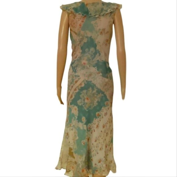 NWT David Warren Chiffon Dress Womens Teal & Cream Floral Lined Ruffle V-Neck - Picture 4 of 7